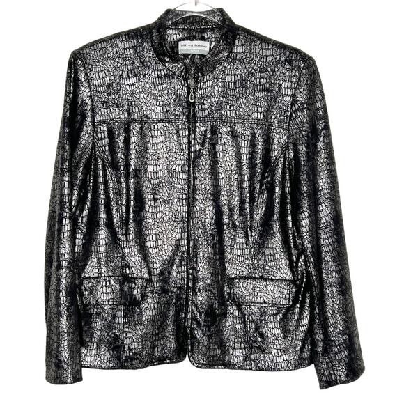 ALFRED DUNNER Petite Metallic Snakeskin Full Zip Up Jacket Black Silver Size 12P - Picture 1 of 9